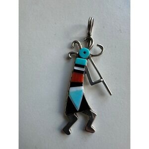 Zuni Kokopelli Sterling Silver Inlay Pendant Turquoise Coral Onyx Shell